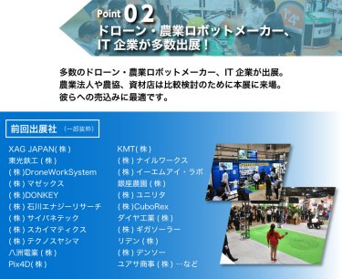 ドローン・農業ロボットメーカー、IT企業が多数出展!